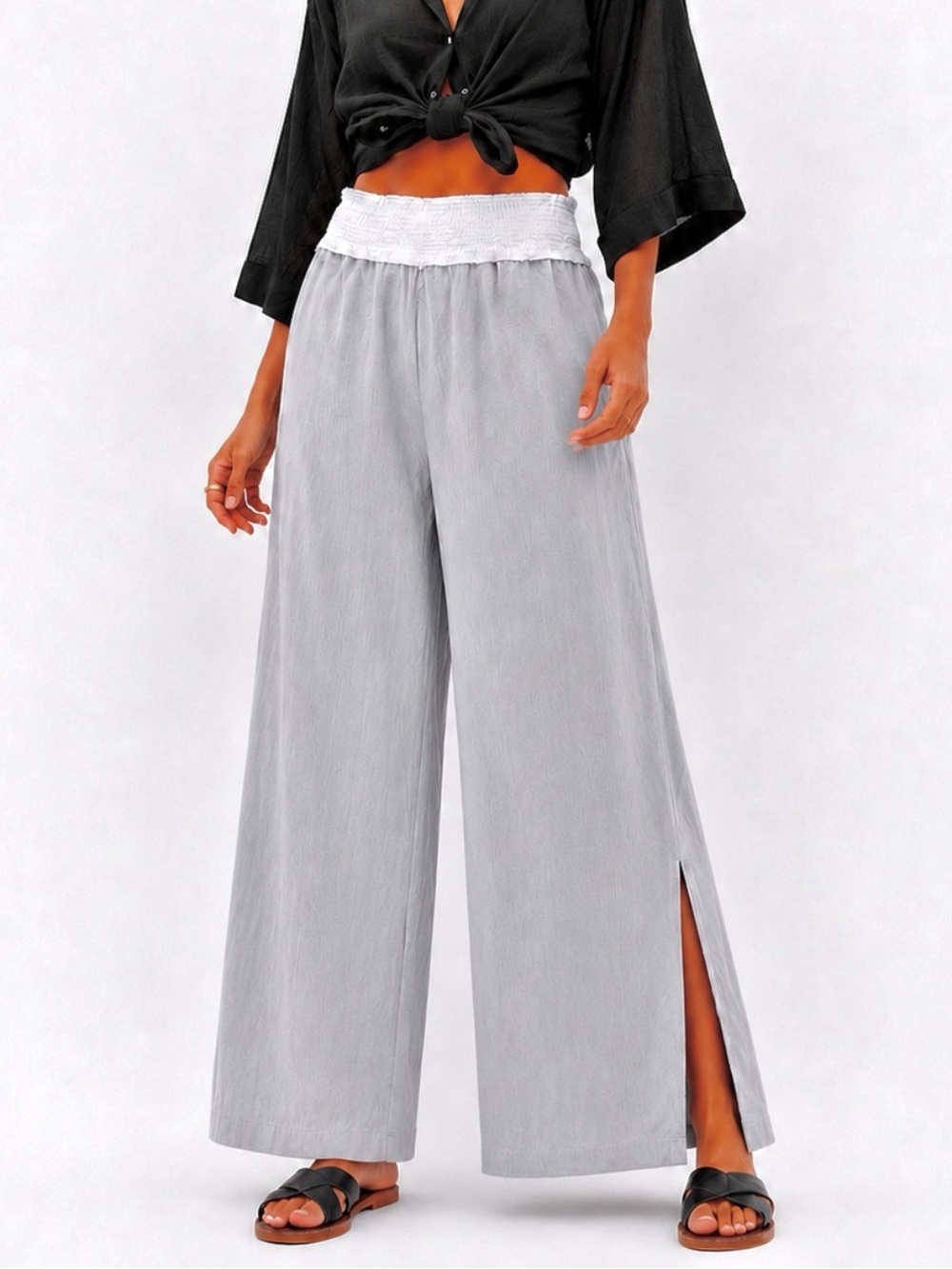 Organic Linen Cotton Wide Leg Side Slit Palazzo Pants Gray Boho Elastic Waist SM